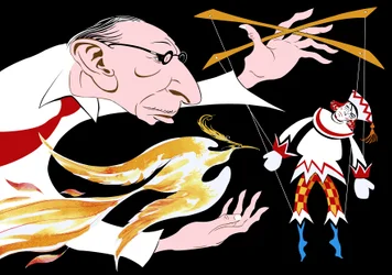 Igor Stravinsky - karikatuur van de Rus met een vuurvogel en Petrushka uit zijn ballet De Vuurvogel 17 juni 1882 - 6 april 1971
